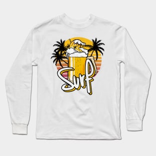 Funny Glass Of Beer Surf Wave Vintage Retro Sunset Design Long Sleeve T-Shirt